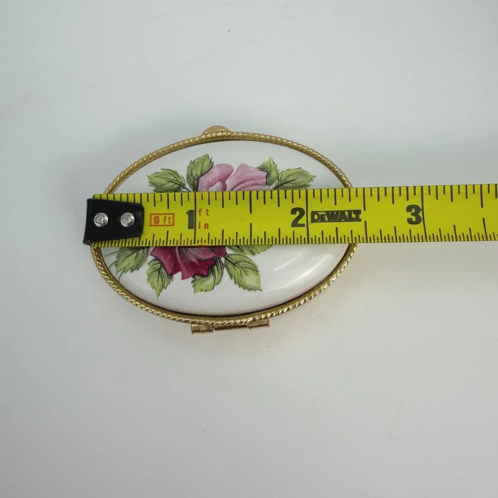 Vintage Aram Firenze Italy Porcelain Floral Trinket Pill Box Roses‎ Gold Tone